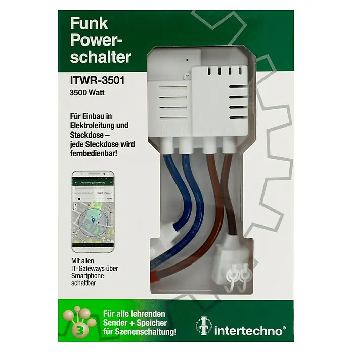 Intertechno Funk-Powerschalter ITWR-3501 - 32 mögliche Codierungen, Max. Anschlussleistung: 3.500 W - Das Bild zeigt einen Funk-Power-Schalter ITWR-3501 von Intertechno, der mit 3500 Watt Leistung Steckdosen fernbedienbar macht und Szenenschaltung unterstützt.