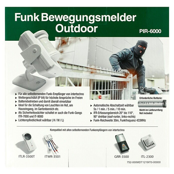 Intertechno Funk-Bewegungsmelder Outdoor PIR-6000 (Weiß, Erfassungswinkel: 110 °) | BAUHAUS