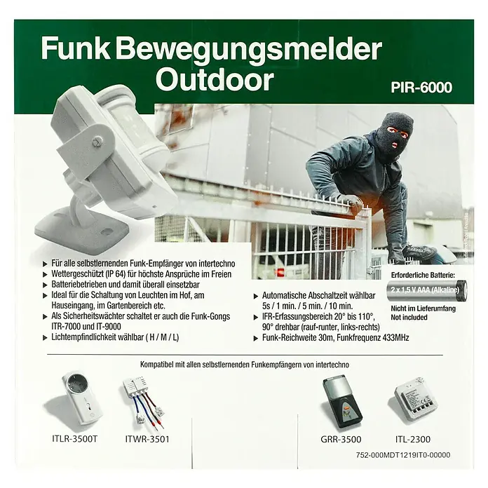 Intertechno Funk-Bewegungsmelder Outdoor PIR-6000 - Weiß, Erfassungswinkel: 110 ° - Funk Bewegungsmelder Outdoor PIR-6000: Wettergeschützter Bewegungsmelder für den Außenbereich, batteriebetrieben, mit einstellbarer Lichtempfindlichkeit.