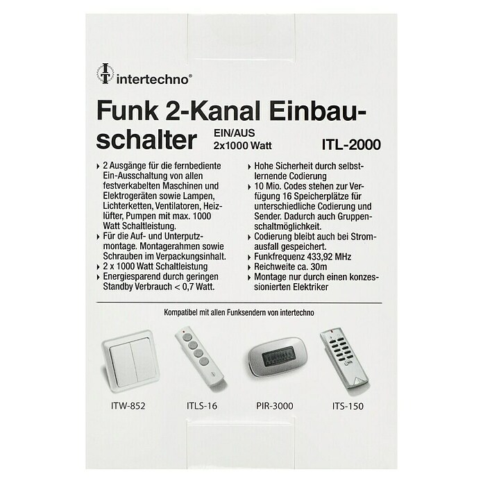 Intertechno Funk-Einbauschalter Funk-Doppeleinbauschalter (1.000 W, Reichweite ca.: 30 m) | BAUHAUS