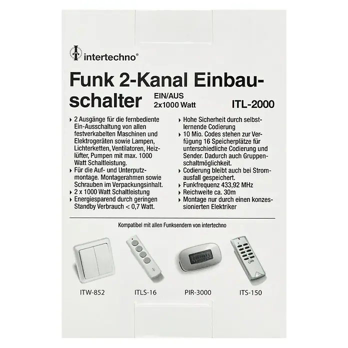 Intertechno Funk-Einbauschalter Funk-Doppeleinbauschalter - 1.000 W, Reichweite ca.: 30 m - Produktverpackung des Intertechno Funk 2-Kanal Einbauschalters ITL-2000 mit Zubehör, kompatibel mit verschiedenen Funksendern.