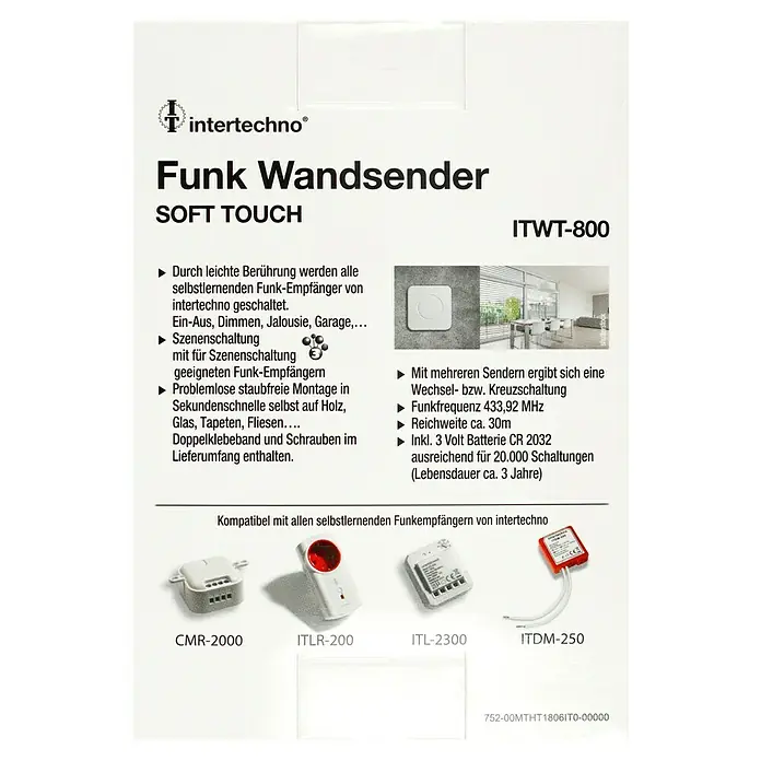 Intertechno Funk-Wandsender ITWT-800 - Selbstlernend (automatisch), Reichweite ca.: 30 m - Produktbild des Intertechno ITWT-800 Funk-Wandsenders SOFT TOUCH, kompatibel mit selbstlernenden Funkempfängern.