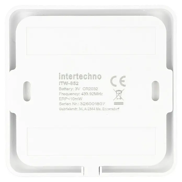 Intertechno Funk-Serienschalter ITW-852 - Selbstlernend (automatisch), Reichweite ca.: 35 m - Rückseite eines weißen Intertechno ITW-852 Funkgeräts mit Modell, Batterietyp, Frequenz, Seriennummer und Prüfzeichen.