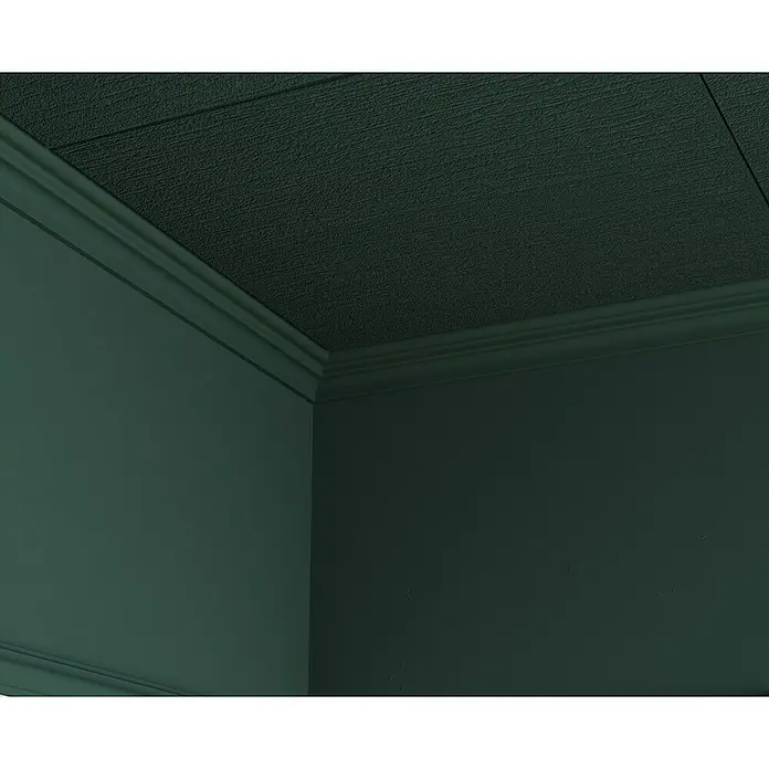 Nmc Decoflair Zierprofil Deckenleiste D13 - 6 Stk., 200 cm x 42 mm x 49 mm, Extrudiertes Polystyrol (XPS) - Detailansicht einer grünen Zimmerdecke mit strukturierter Oberfläche und Zierleisten, die dem Raum eine elegante Note verleiht.