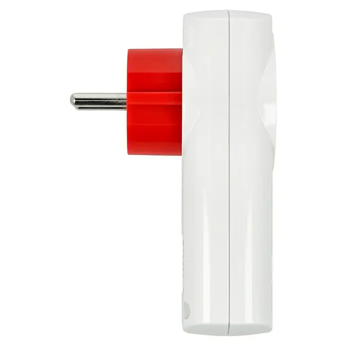 Intertechno Funk-Dimmer Zwischenstecker ITLR-200 - Max. Anschlussleistung: 200 W, 2-polige Abschaltung - Nahaufnahme eines weißen Steckdosenadapters mit rotem Stecker vor schwarzem Hintergrund. Das Gerät ist kompakt und modern gestaltet.