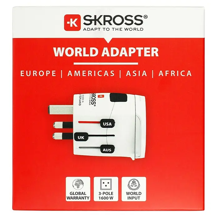 Skross Reiseadapter PRO Light – World - Weiß - Produktbild eines SKROSS® Weltreiseadapters mit verschiedenen Steckeroptionen für UK, USA und Australien.