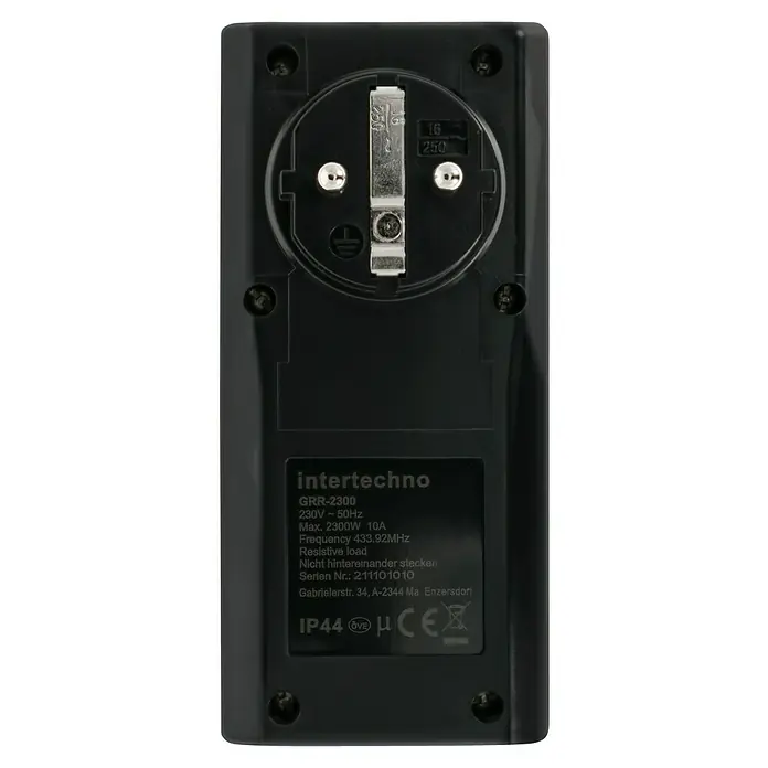 Intertechno Funksteckdose GRR-2300 Outdoor - Schwarz/Grau, Max. Anschlussleistung: 2.300 W - Nahaufnahme des Intertechno GRR-2300 Funksteckdosenadapters mit technischen Daten und Zertifizierungen auf der Rückseite.
