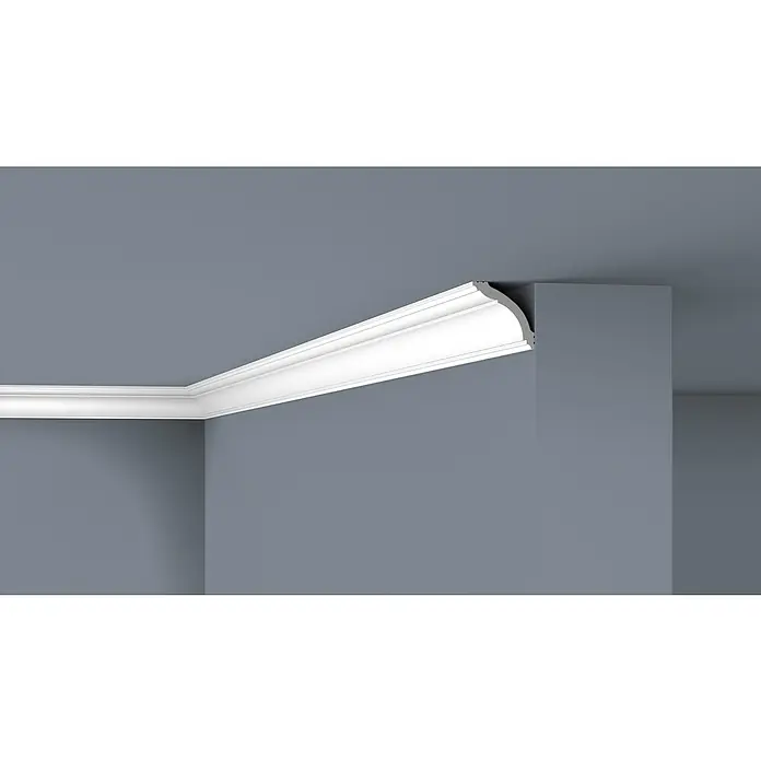 SCHÖNER WOHNEN-Kollektion Zierprofil Deckenleiste Elegant 1 - 2 m x 70 mm x 70 mm, Hochverdichtetes extrudiertes Polymer (HDPS) - Bild eines weißen Zierprofils, das eine elegante architektonische Note verleiht und die Ästhetik des Raumes hervorhebt.