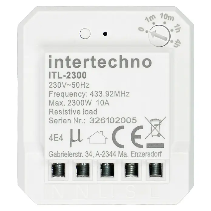 Intertechno Funk-Einbauschalter ITL-2300 - 2.300 W - Intertechno ITL-2300 Funk-Zeitschaltuhr zur Steuerung von elektronischen Geräten mit einstellbarer Zeit und einer Frequenz von 433.92MHz.