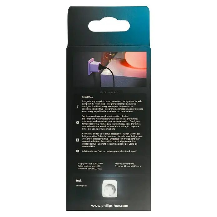 Philips Hue Funksteckdose Plug - Weiß, Max. Anschlussleistung: 2.300 W, 1 Stk. - Rückseite der Philips Hue Smart Plug Verpackung.