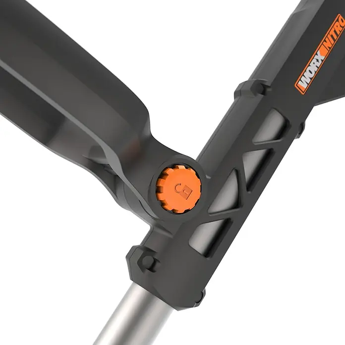 Worx PowerShare 20V Akku-Rasentrimmer WG173E.9 - 20 V, Li-Ionen, Ohne Akku, Schnittbreite Faden: 33 cm - Detailansicht eines WORX Nitro Gartengeräts, das die robuste Bauweise und das orangefarbene Einstellrad hervorhebt.