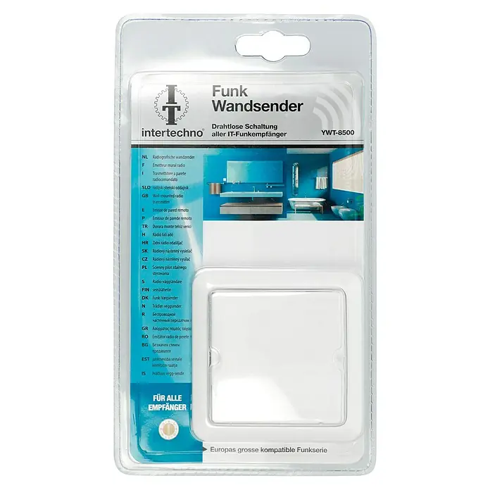 Intertechno Funk-Wandsender YWT-8500 - Codierrad (manuell), Reichweite ca.: 35 m - Abbildung einer Intertechno Funk-Wandsender-Verpackung, die eine drahtlose Schaltung für Funkempfänger verspricht.