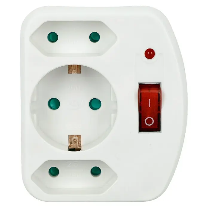 REV Euro-Adapter 2+1 - 3.500 W, 1.500 A, 250 V, Weiß - Weißer Mehrfachstecker mit drei Steckdosen und einem roten Schalter und Kontrollleuchte für den Betrieb.