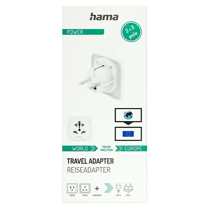 Hama Reiseadapter Welt nach Europa - Netzsteckertyp Reiseadapter: Typ E+F (CEE 7/7), Weiß - Abbildung eines Hama-Reiseadapters, der für die Verwendung von Geräten mit 2+3-poligen Steckern in Europa konzipiert ist und verschiedene Steckertypen unterstützt.