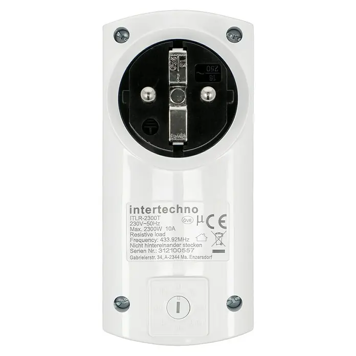 Intertechno Zwischenstecker Funk mit Abschaltautomatik ITLR-2300T - Max. Anschlussleistung: 2.300 W - Nahaufnahme eines Intertechno ITLR-2300T Funksteckdosenadapters mit technischen Details und Zertifizierungen aufgedruckt.