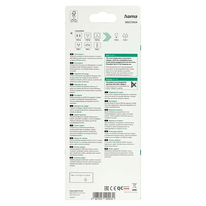 Hama Reiseadapter Welt nach Europa - Netzsteckertyp Reiseadapter: Typ E+F (CEE 7/7), Schwarz - Hama Reisestecker mit verschiedenen Stecker-Typen zur Verwendung in verschiedenen Ländern. Erhöhter Berührungsschutz für sichere Nutzung.