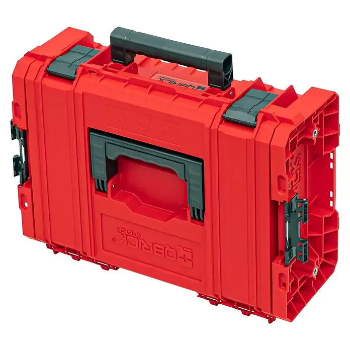 Qbrick System Maschinenkoffer Pro Technician 2.0 - L x B x H: 45 x 33,2 x 17,1 cm, Traglast: 20 kg, Polypropylen - Rote modulare Aufbewahrungsbox mit dunkelgrauen Griffen und Verschlüssen, zur Werkzeugaufbewahrung und Stapelung.