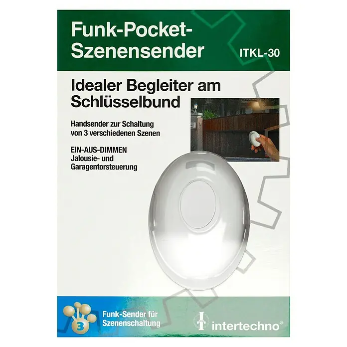 Intertechno Funkfernbedienung ITKL-30 - Reichweite ca.: 30 m, Batteriebetrieben, 53 x 37 x 17 mm - Funk-Pocket-Szenensender ITKL-30: Ein idealer Begleiter am Schlüsselbund zur Schaltung von drei verschiedenen Szenen.