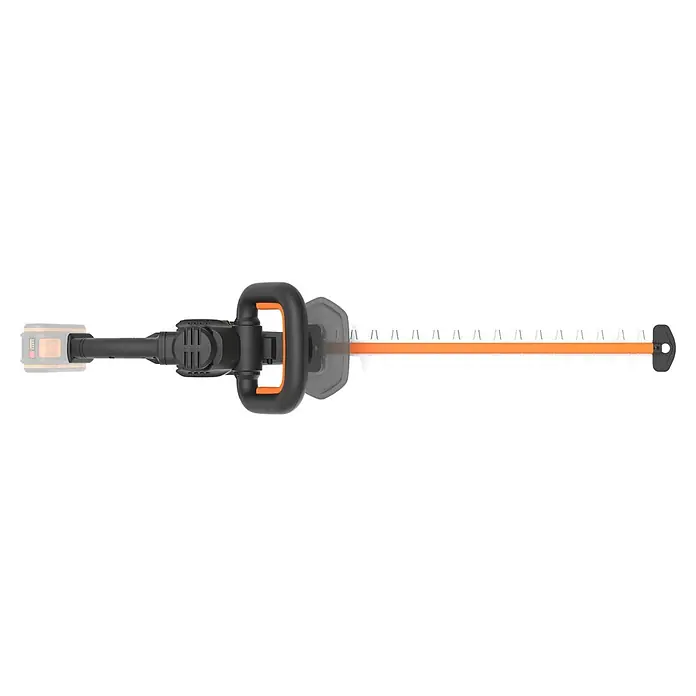 Worx PowerShare 20V Akku-Heckenschere WG263E.9 - 20 V, Li-Ionen, Ohne Akku, Schnittlänge: 54 cm - Aufsicht eines schwarzen und orangefarbenen Akku-Heckenschneiders, ein nützliches Gartengerät zum Trimmen von Hecken und Büschen.