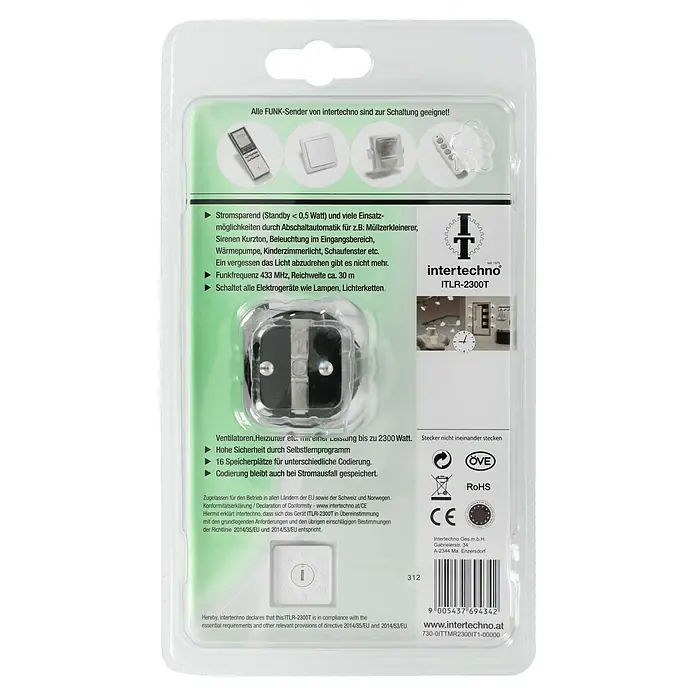 Intertechno Zwischenstecker Funk mit Abschaltautomatik ITLR-2300T - Max. Anschlussleistung: 2.300 W - Verpackungsrückseite des intertechno ITLR-2300T Funk-Schaltsteckers mit technischen Details und Zertifizierungen.