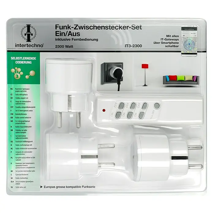 Intertechno Funksteckdosen-Set 3fach Zwischenstecker Set ein/aus mit Handsender - Weiß, Max. Anschlussleistung: 2.300 W, 3 -tlg. - Package of Intertechno IT3-2300 radio-controlled socket set with remote control, controllable via smartphone with IT gateways.
