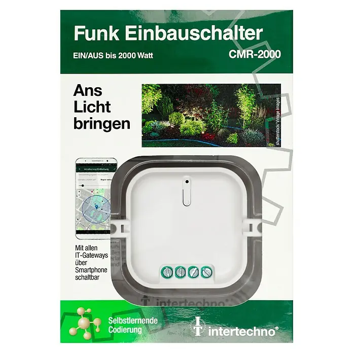Intertechno Funk-Einbauschalter CMR-2000 - Max. Anschlussleistung: 2.000 W - Funk Einbauschalter CMR-2000: Mit diesem Schalter können Sie Ihre Beleuchtung bequem per Smartphone steuern und Ihr Zuhause intelligent machen.