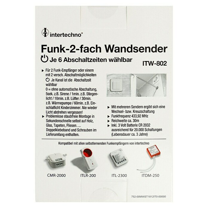 Intertechno Funk-Wandsender ITW-802 (2-fach, Selbstlernend (automatisch), Reichweite ca.: 30 m) | BAUHAUS