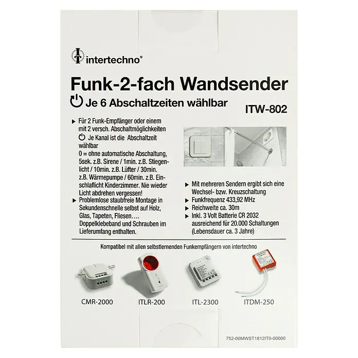 Intertechno Funk-Wandsender ITW-802 - 2-fach, Selbstlernend (automatisch), Reichweite ca.: 30 m - Produktverpackung für den Intertechno ITW-802 Funk-2-fach Wandsender mit wählbaren Abschaltzeiten und kompatiblen Funkempfängern.