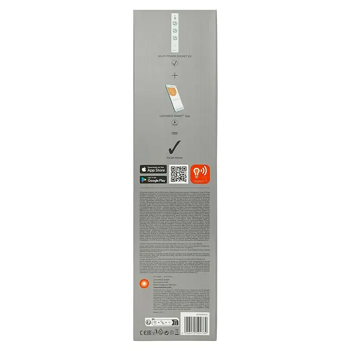 Ledvance Smart+ WiFi Smart-Steckdosenleiste3-fach, Weiß, Max. Anschlussleistung: 3.680 W, 4 x USB - Abbildung einer LEDVANCE Smart+ Mehrfachsteckdose EU-Verpackung, die die Funktionen der App-Steuerung für ein intelligentes Zuhause hervorhebt.