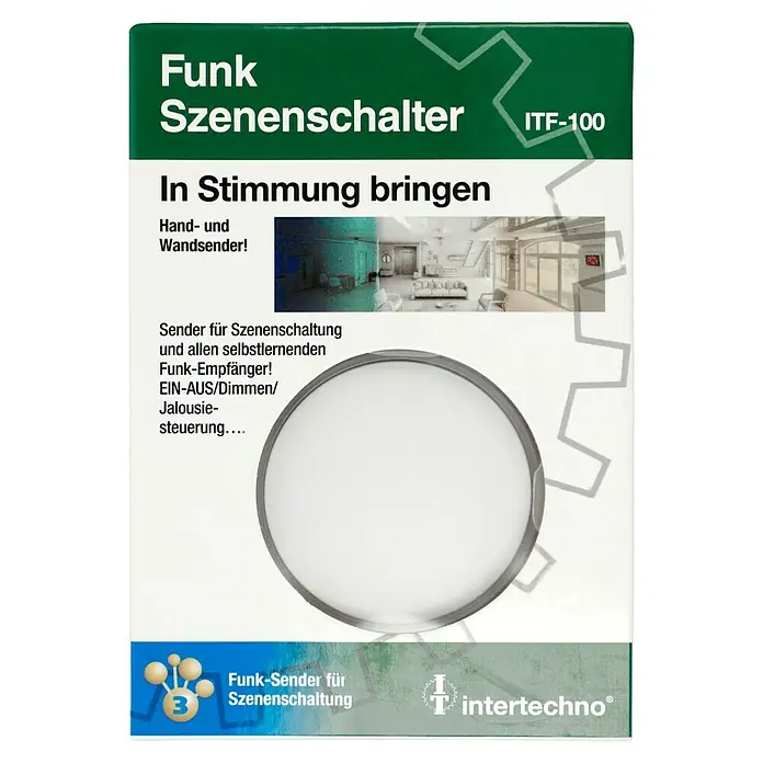 Intertechno Funksender ITF-100 - Reichweite ca.: 30 m, Batteriebetrieben - Die Verpackung des Funk-Szenenschalters ITF-100 von Intertechno, einem Handsender zur Steuerung von Lichtszenen und Jalousien.