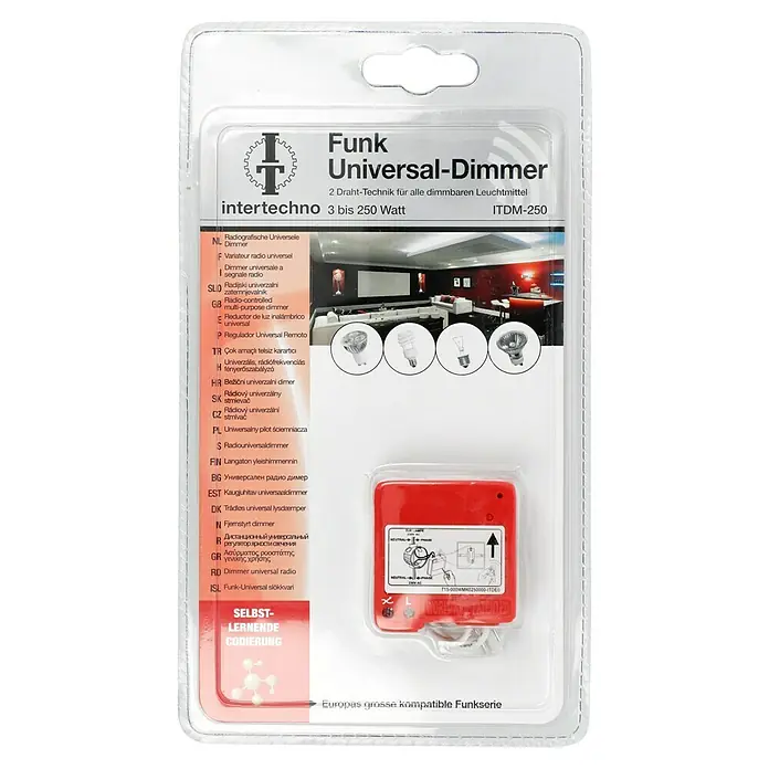 Intertechno Funk-Dimmer ITDM-250 - Glüh-/Halogenlampen 20-250W, LED/ESL 3-24W - Funk-Universal-Dimmer von Intertechno mit 2 Draht-Technik für dimmbare Leuchtmittel und einem Leistungsbereich von 3 bis 250 Watt.