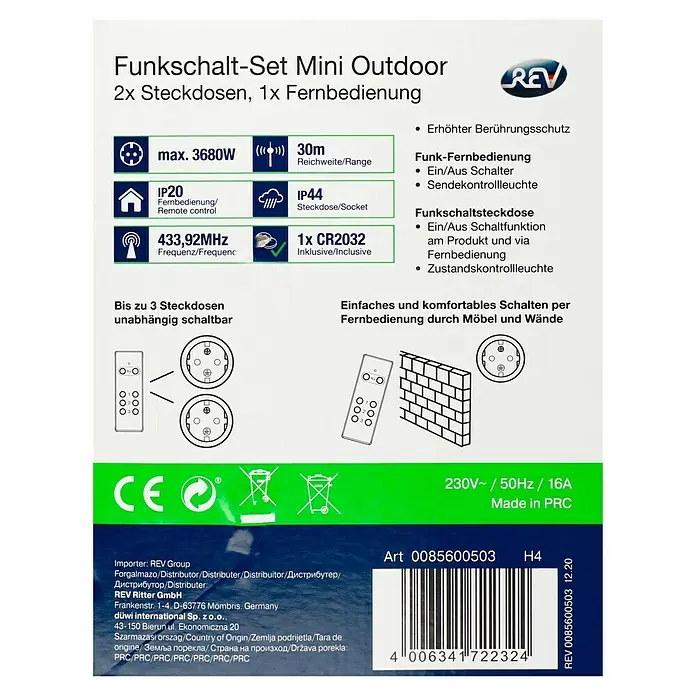 REV Funksteckdosen-Set Mini Outdoor - Schwarz, Max. Anschlussleistung: 3.680 W - Abbildung des Funkschalt-Sets Mini Outdoor von REV mit 2 Steckdosen und 1 Fernbedienung, ideal für den Außenbereich.