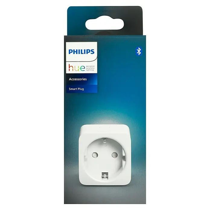 Philips Hue Funksteckdose Plug - Weiß, Max. Anschlussleistung: 2.300 W, 1 Stk. - Nahaufnahme einer Philips Hue Smart Plug-Verpackung, die das Gerät und die Bluetooth-Funktion hervorhebt.