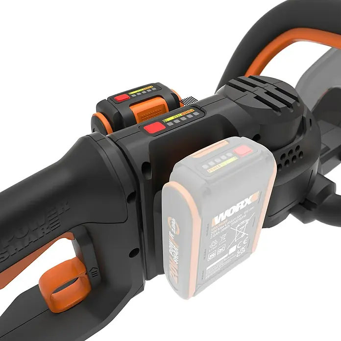 Worx PowerShare 20V Akku-Heckenschere WG286E.9 - 40 V, Li-Ionen, Ohne Akku, Schnittlänge: 58 cm - Akkubetriebene Heckenschere der Marke WORX mit zwei Batterien, die für kabellose Freiheit beim Gartengestalten sorgt.