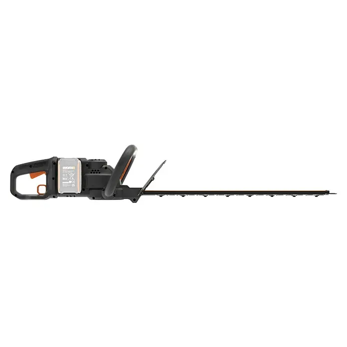 Worx PowerShare 20V Akku-Heckenschere WG286E.9 - 40 V, Li-Ionen, Ohne Akku, Schnittlänge: 58 cm - Eine Worx Akku-Heckenschere mit orangefarbenen Akzenten, die für den kabellosen Betrieb im Garten konzipiert ist.
