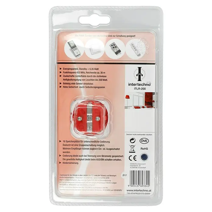 Intertechno Funk-Dimmer Zwischenstecker ITLR-200 - Max. Anschlussleistung: 200 W, 2-polige Abschaltung - Abbildung der Intertechno ITLR-200 Funk-Schaltsteckdose in ihrer Verpackung.