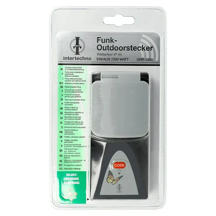 Intertechno Funksteckdose GRR-2300 Outdoor - Schwarz/Grau, Max. Anschlussleistung: 2.300 W - Funk-Outdoorstecker von Intertechno, wetterfest IP44, 2300 Watt, mit Selbstlernender Codierung für den Außenbereich.