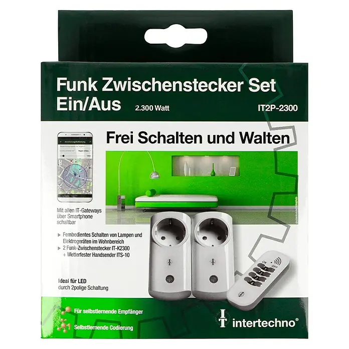 Intertechno Funksteckdosen-Set IT2P-2300 - Weiß, Max. Anschlussleistung: 2.300 W - Funk Zwischenstecker Set Ein/Aus mit 2.300 Watt Leistung, ideal für die Fernsteuerung von Lampen und Geräten im Wohnbereich.