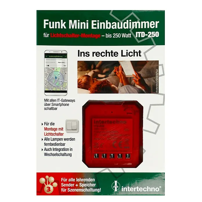 Intertechno Funk-Einbaudimmer ITD-250 für Schalter - Max. Leistung: 3-250 W - Funk Mini Einbaudimmer für Lichtschalter-Montage bis 250 Watt ITD-250 für intelligente Lichtsteuerung im ganzen Haus.