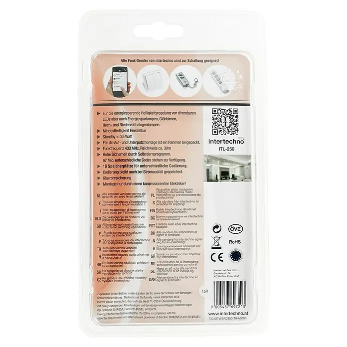 Intertechno Funk-Dimmermodul ITL-250 - Rot - Verpackung der Intertechno ITL-250 Funk-Sender zur Schaltung, ideal für dimmbare LEDs und Halogenlampen.