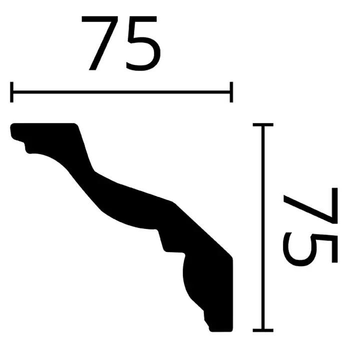 Nmc Decoflair Zierprofil Deckenleiste E10 - 200 cm x 75 mm x 75 mm, Expandiertes Polystyrol (EPS) - Schwarze Silhouette eines Zierleistenprofils mit angegebenen Maßen von 75x75 Einheiten.