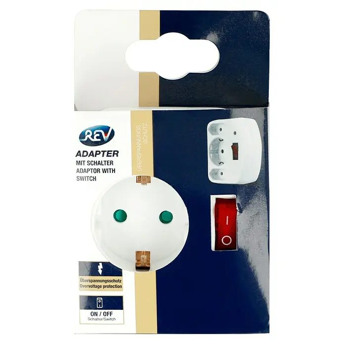 REV Euro-Adapter 2+1 - 3.500 W, 1.500 A, 250 V, Weiß - Produktbild eines REV Adapters mit Schalter. Der Adapter bietet Überspannungsschutz und eine praktische Ein-/Ausschaltfunktion.