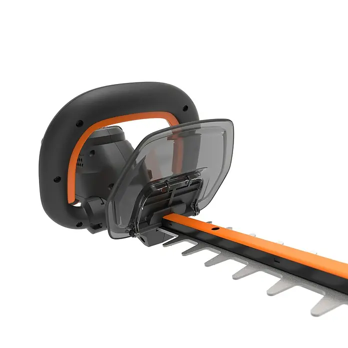 Worx PowerShare 20V Akku-Heckenschere WG286E.9 - 40 V, Li-Ionen, Ohne Akku, Schnittlänge: 58 cm - Nahaufnahme einer Heckenschere mit orangefarbenen Akzenten, die sich auf die Klingen und den Griff konzentriert.