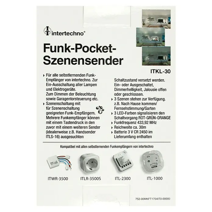 Intertechno Funkfernbedienung ITKL-30 - Reichweite ca.: 30 m, Batteriebetrieben, 53 x 37 x 17 mm - Verpackung des Intertechno Funk-Pocket-Szenensenders ITKL-30 mit Infos zu Funktionen und kompatiblen Produkten.