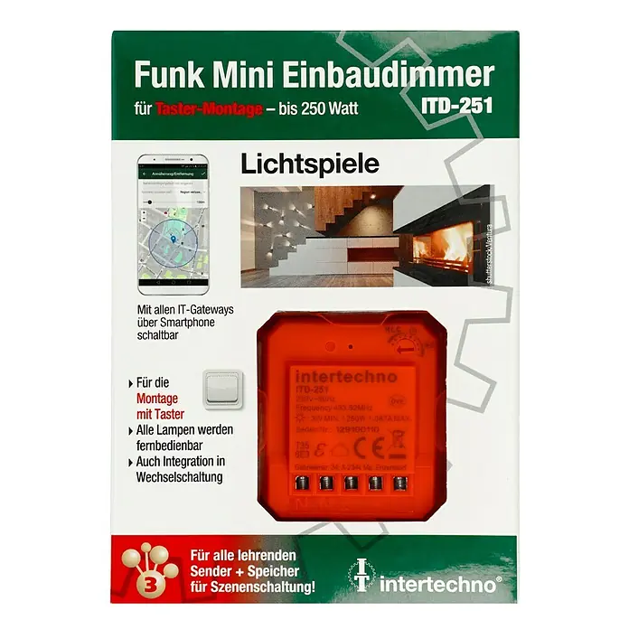 Intertechno Funk-Einbaudimmer ITD-251 für Taster - Max. Leistung: 3-250 W - Produktverpackung für einen Funk Mini Einbaudimmer ITD-251 zur Taster-Montage, steuerbar per Smartphone.
