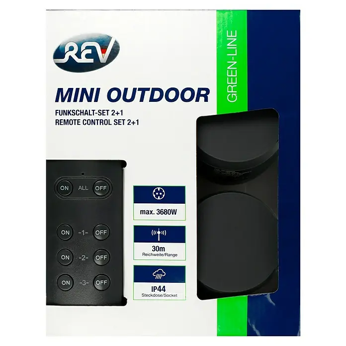 REV Funksteckdosen-Set Mini Outdoor - Schwarz, Max. Anschlussleistung: 3.680 W - Das REV Mini Outdoor Funkset 2+1 für den Außenbereich mit Fernbedienung, bis zu 3680W, 30m Reichweite und IP44 Steckdose.