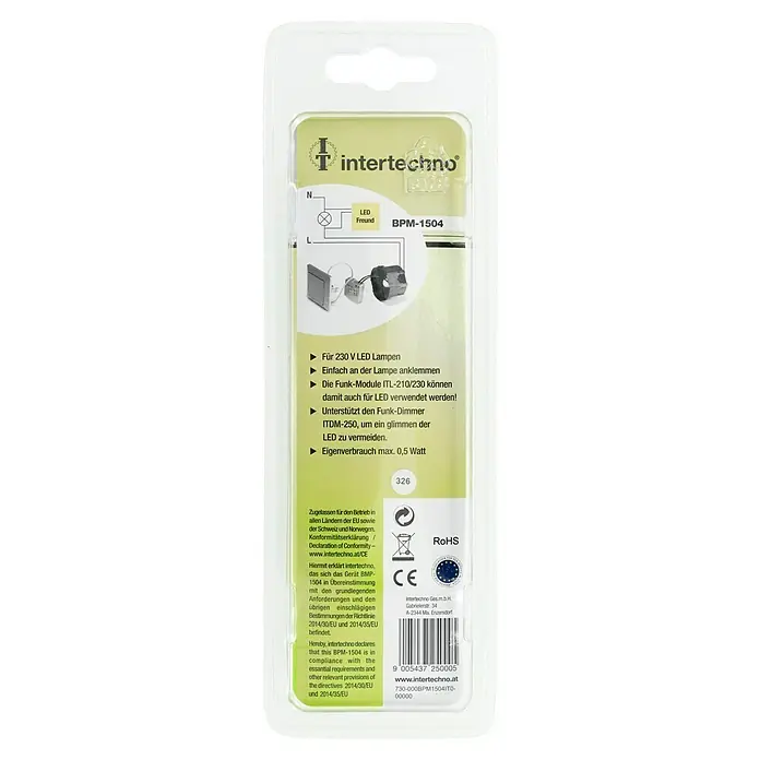 Intertechno Bypass-Modul LED-Freund BPM-1504 - Geeignet für: LED-Beleuchtung, 0,05 W - Nahaufnahme der Intertechno BPM-1504 LED-Lampe, geeignet für 230V, mit geringem Eigenverbrauch und Unterstützung für Funk-Dimmer.
