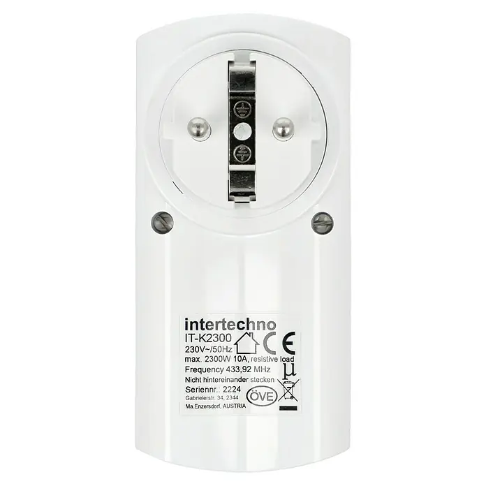 Intertechno Funksteckdose IT-K2300 - Weiß, Max. Anschlussleistung: 2.300 W - Nahaufnahme eines weißen Intertechno IT-K2300-Geräts mit Informationen zu Spannung, Frequenz und Seriennummer.
