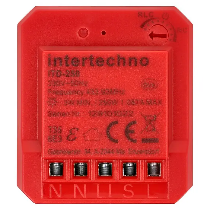 Intertechno Funk-Einbaudimmer ITD-250 für Schalter - Max. Leistung: 3-250 W - Das rote Intertechno ITD-250 Gerät ist ein Funk-Einbauschalter für eine einfache Steuerung von Lichtern und anderen elektronischen Geräten.