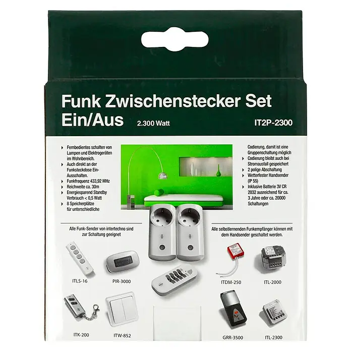 Intertechno Funksteckdosen-Set IT2P-2300 - Weiß, Max. Anschlussleistung: 2.300 W - Produktverpackung für ein Funk-Zwischenstecker-Set Ein/Aus mit 2.300 Watt und der Modellnummer IT2P-2300, inklusive verschiedener Sender.